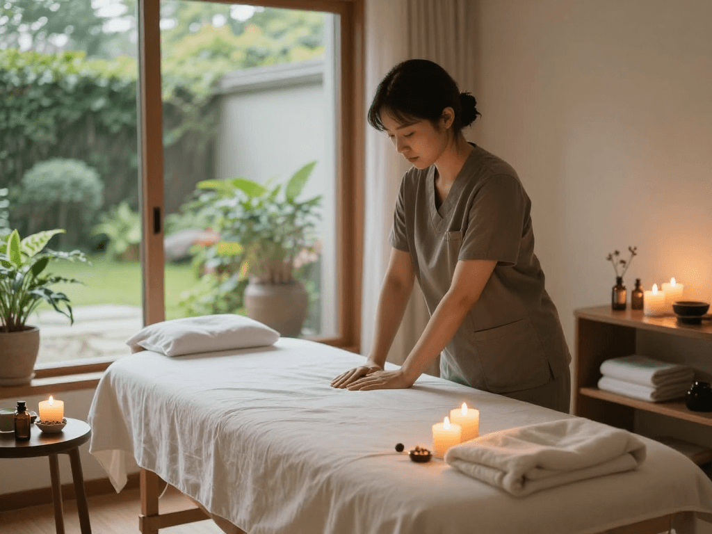 Relaxing 안양출장마사지 therapy setup with candles, essential oils, and a tranquil ambiance.