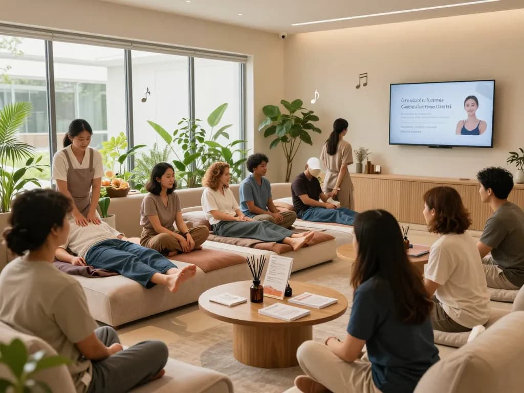 오피스타의 현대적인 웰니스 센터에서 웰니스 서비스를 즐기는 사람들, 휴식과 커뮤니티 참여를 촉진합니다.