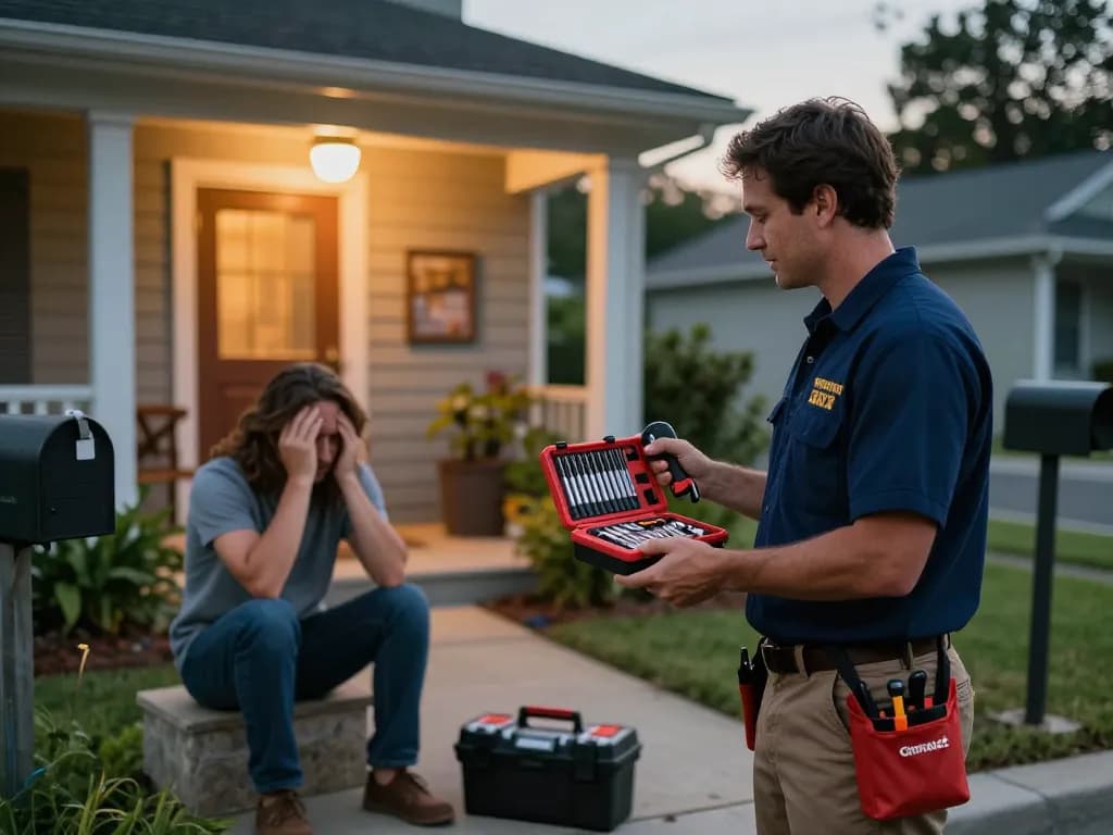 Emergency locksmith Jensen Beach providing lockout services to a relieved homeowner at dusk.