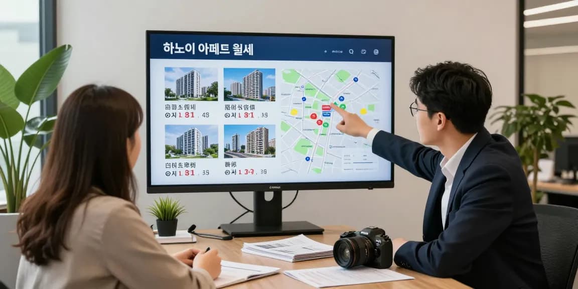 하노이 아파트 월세를 확인하는 외국인 부부와 부동산 중개인.