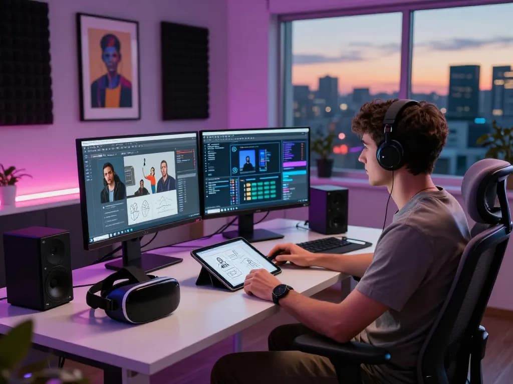 Engaging workspace for creating ai sex content, featuring dual monitors and tech gadgets.