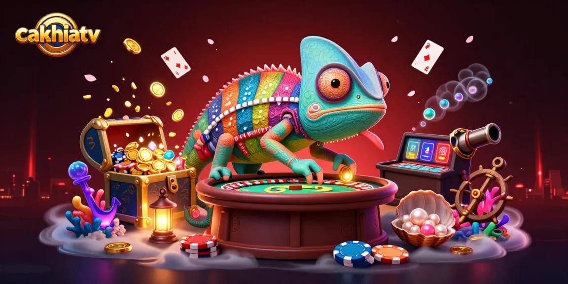 Cakhiatv chameleon casino owner capturing golden coins in a colorful gambling scene.