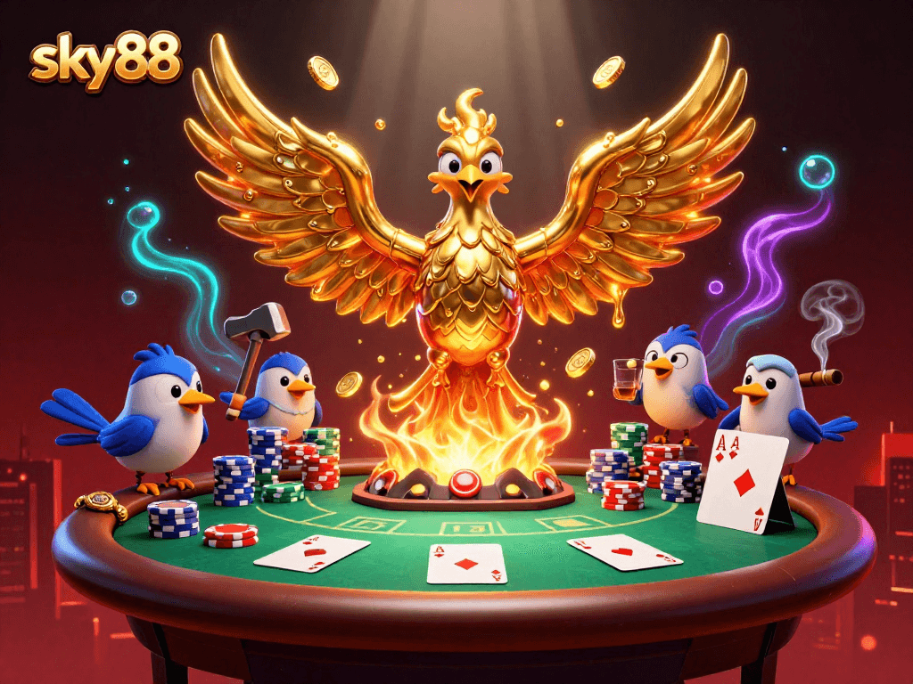 Get ready to play at sky88 casino with vibrant poker scenes featuring a molten gold phoenix and poker elements.