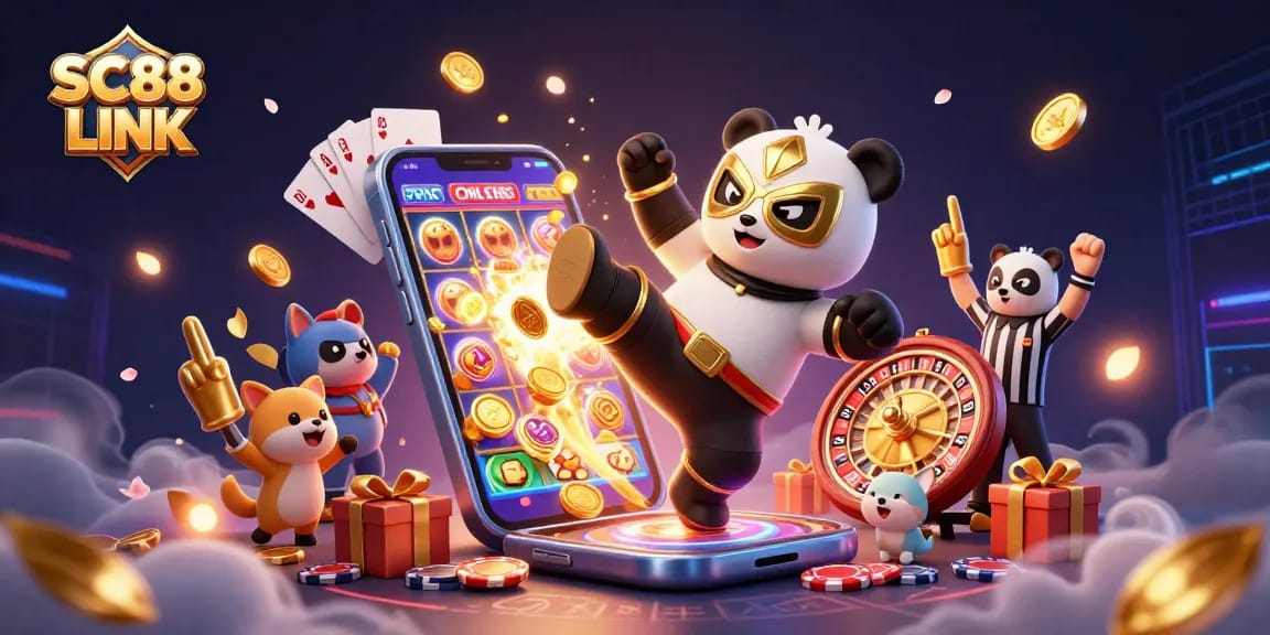 Engage with the SC88 LINK dynamic online casino scene featuring vibrant characters and games.