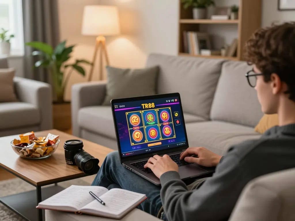 Playing slot games on TR88 from home, enjoying a strategic online gambling experience