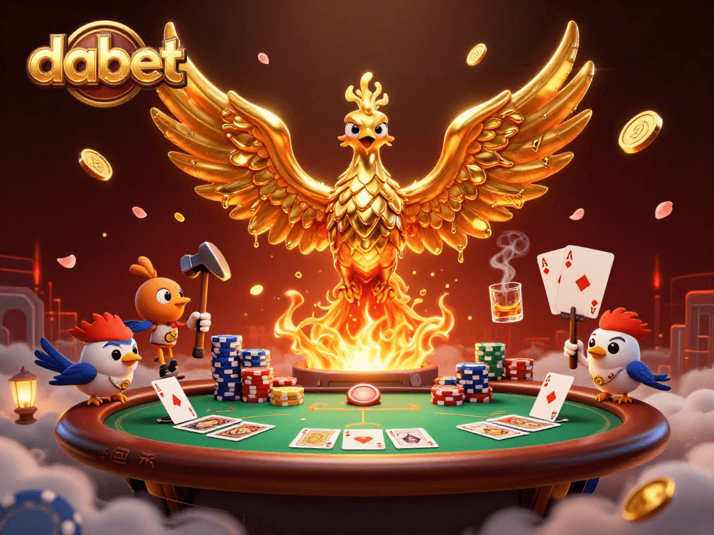 dabet showcases a molten metal golden phoenix surrounded by vibrant poker elements in a dynamic casino scene.