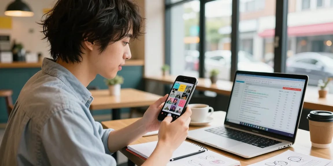 インスタグラム いいね 購入 効果を実感する若いインフルエンサーがカフェでスマートフォンを使用している様子