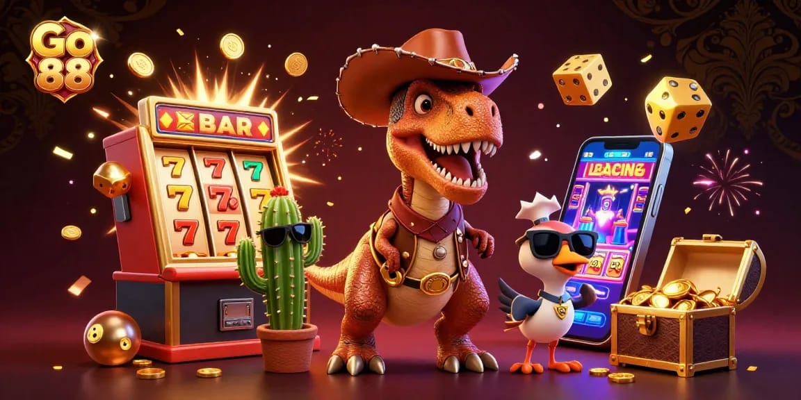 Experience the excitement of Go 88 with a vibrant casino scene featuring a cartoon dinosaur and slot machine.