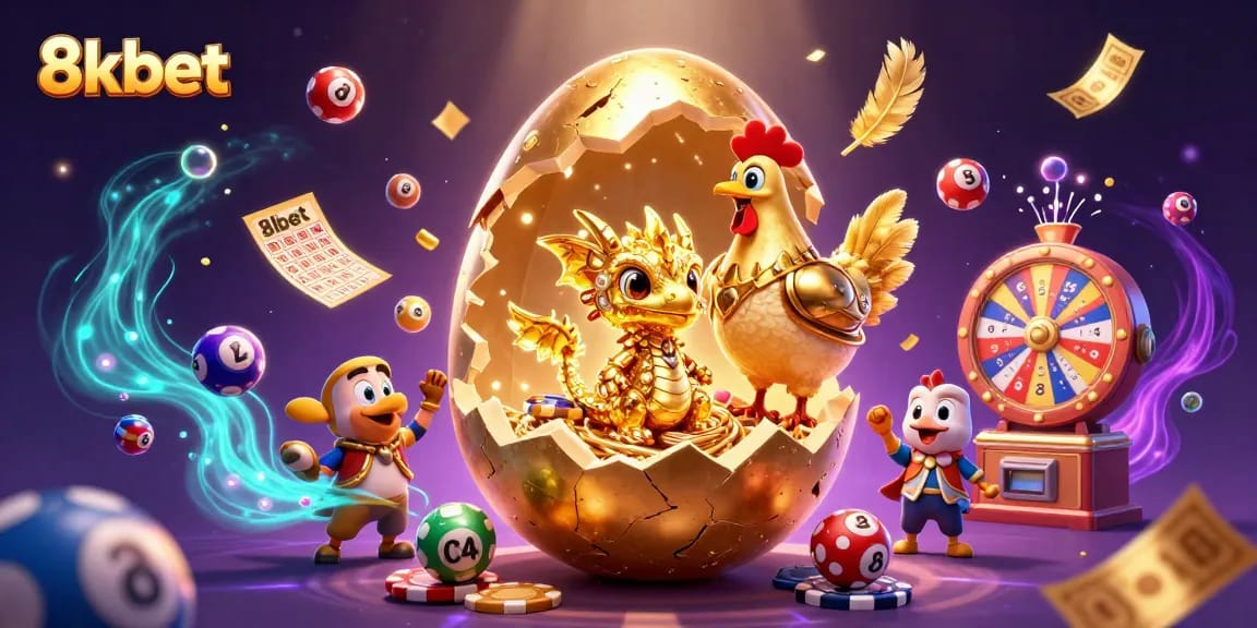 Experience thrilling wins at 8kbet with a game-packed showcase, featuring a golden dragon and vibrant casino elements.