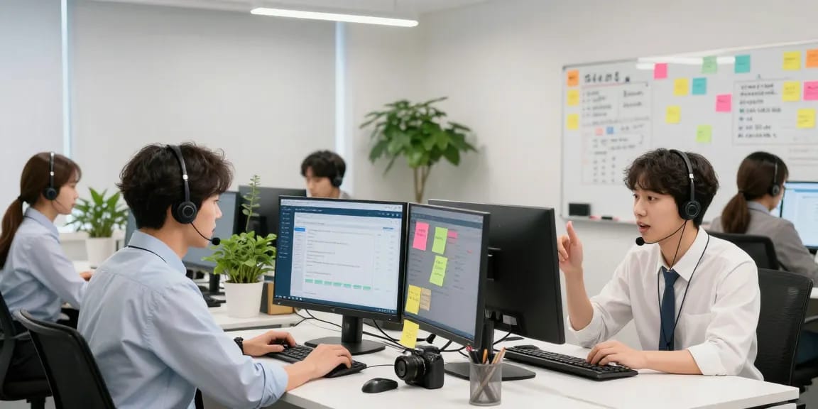 Engaged team in an office assisting customers on the 강남토닥이 platform with energy and professionalism.