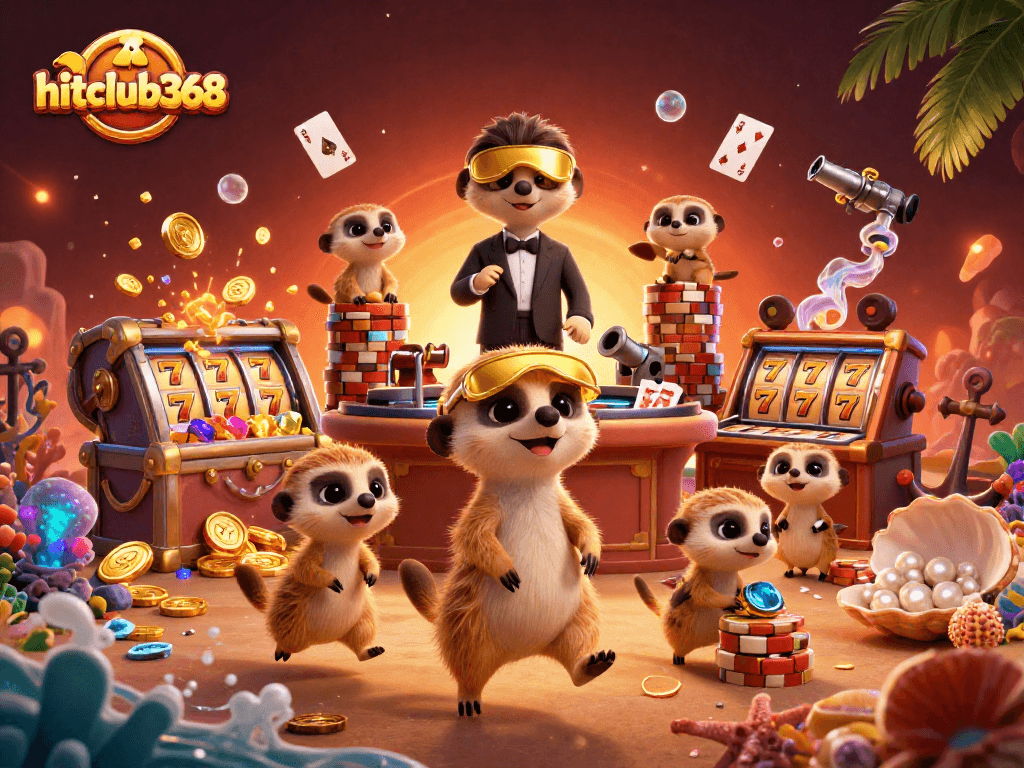 Hitclub368 meerkats run a vibrant casino with gold coins and colorful gems around them.