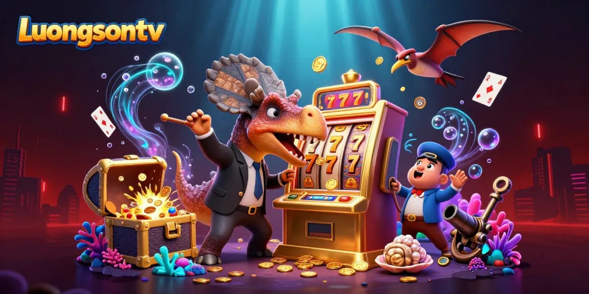 Luongsontv showcases a thrilling scene with cartoon dinosaurs celebrating a jackpot payout at a vibrant casino.