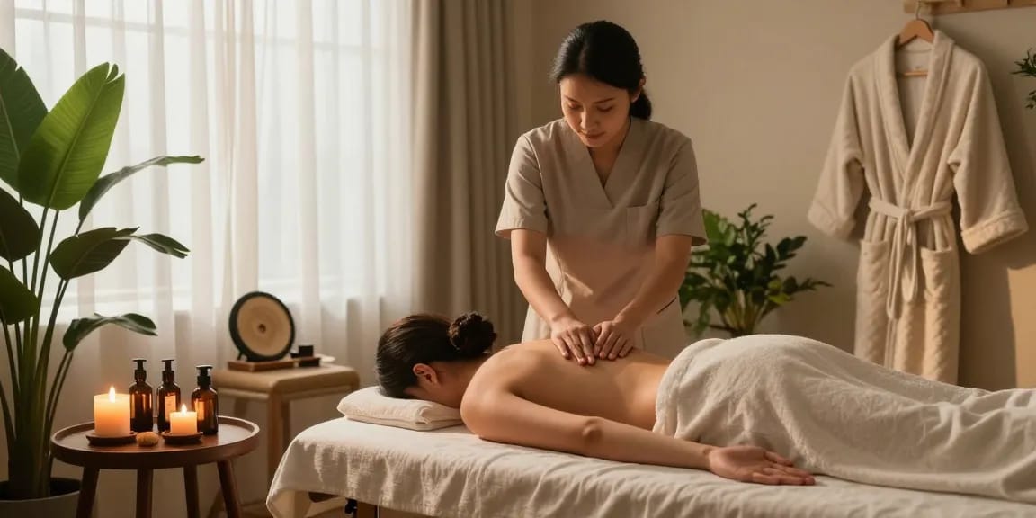 마사지 중인 고객과 편안한 치료사 모습, 아로마 오일과 조명이 어우러진 공간