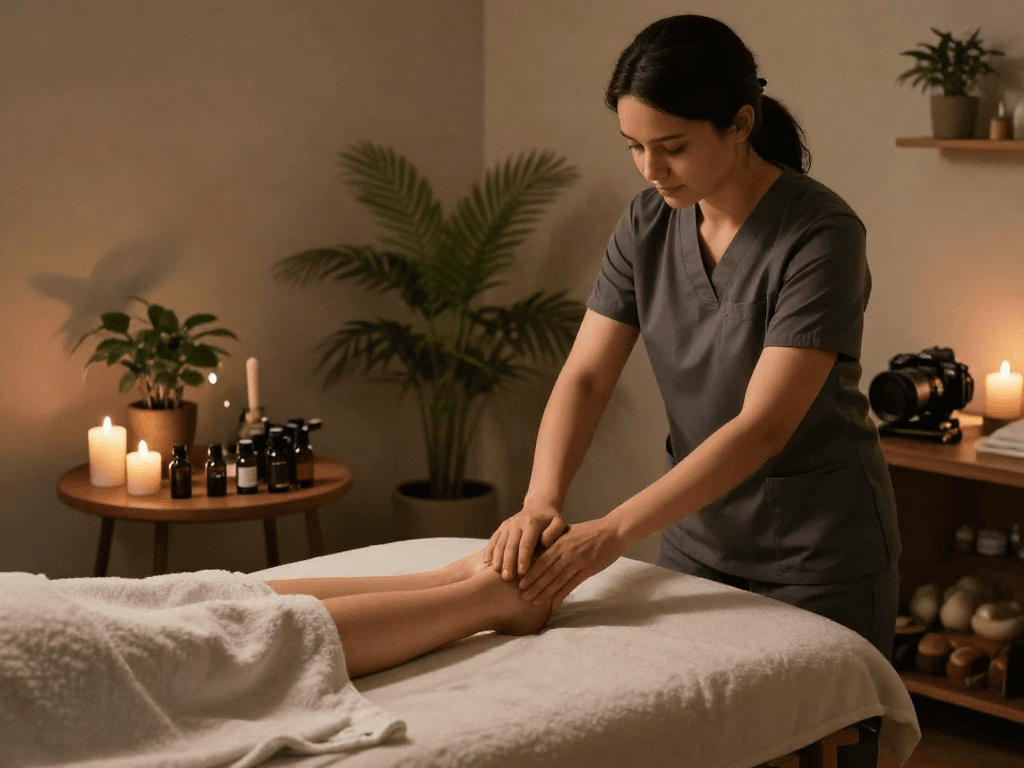 Relaxing foot massage scene highlighting 일산출장마사지 therapy with calming ambiance and professional care.