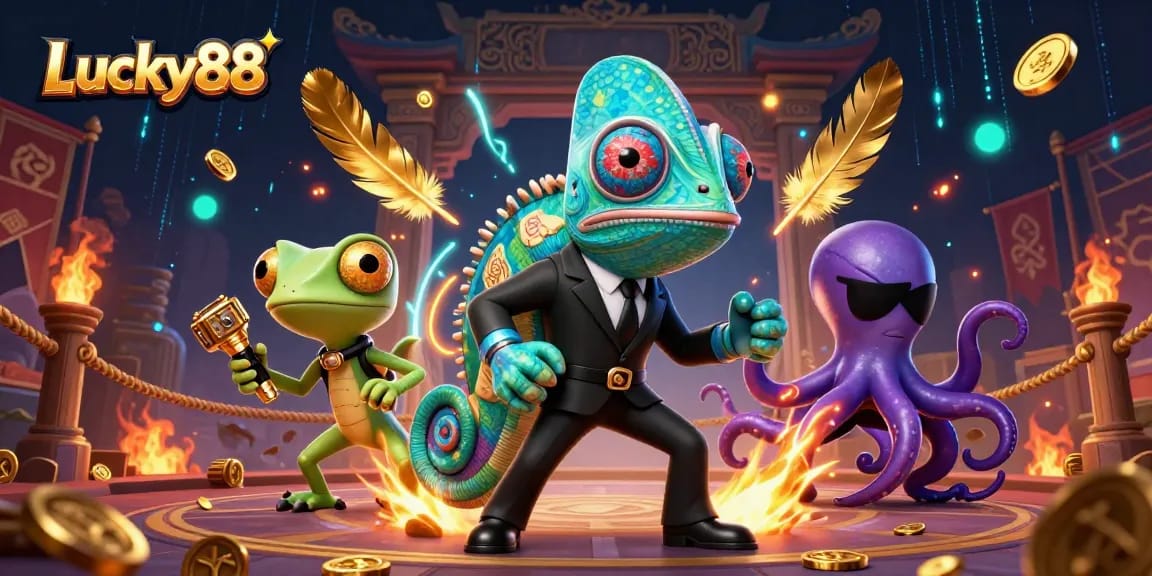 Experience thrilling adventures at Lucky88 with a dynamic illustration featuring a secret agent chameleon, a tech-savvy gecko, and a villainous octopus.