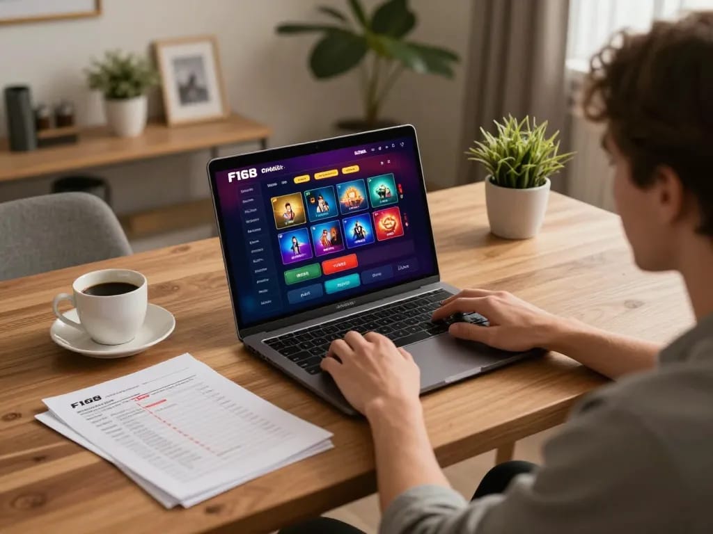 Engage with F168 online casino on a sleek laptop in a cozy home setting
