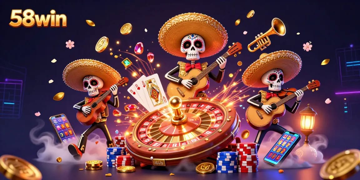Experience thrilling casino moments with 58win's vibrant gaming scene featuring mariachi band and golden prizes.