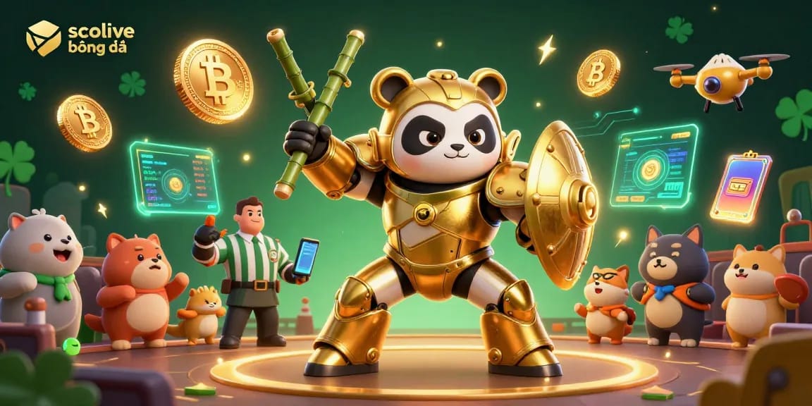 Socolive bóng đá showcases thrilling betting action with golden panda robot amidst digital treasures.