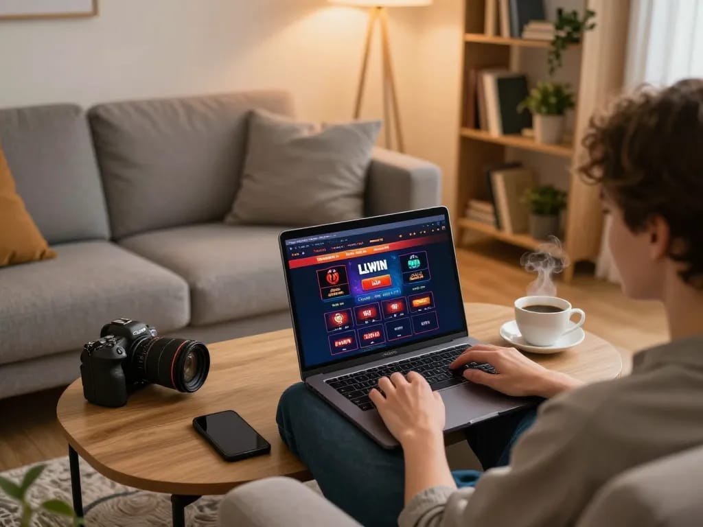 Player enjoying LLWIN online casino gaming on laptop in cozy home setting.