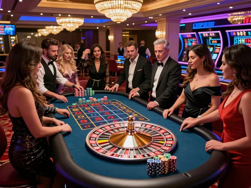 Excited players gather around a roulette table at CM88 Casino, eagerly watching the spinning wheel for their next win.