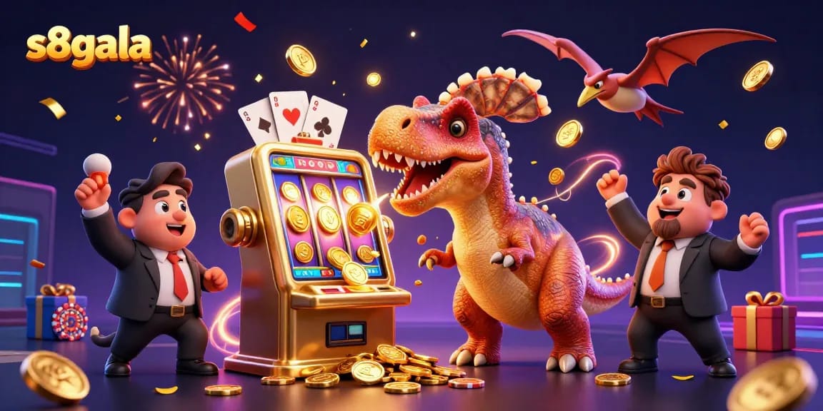 S8gala invites players to win jackpots in a vibrant casino scene featuring exciting characters and games.