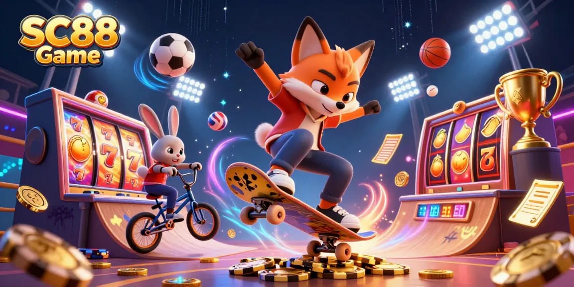 SC88 Game features engaging cartoon characters in a vibrant casino scene with slot reels and sports elements.