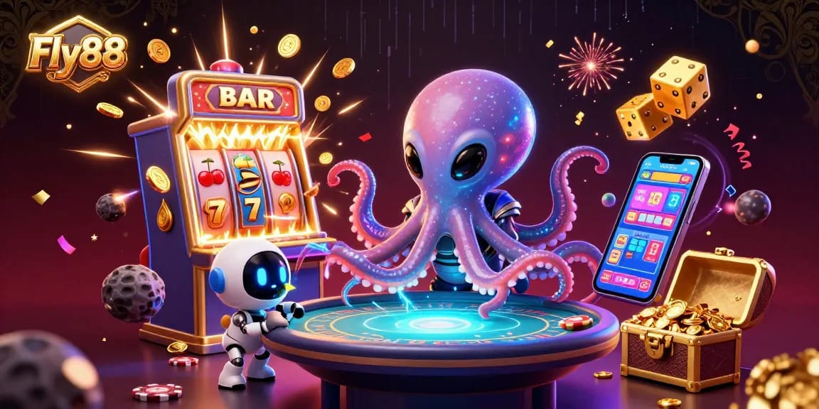 Experience thrilling wins at Fly88 with an exciting poker game featuring a vibrant alien octopus.