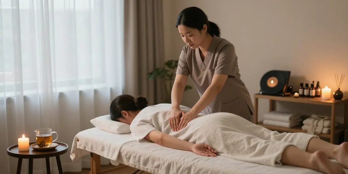 1인샵에서 편안한 마사지 치료 중인 모습, 아늑한 공간과 편안한 조명.