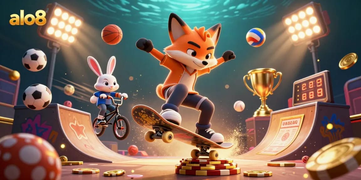 Alo8 brings excitement as a fox skater flips over poker chips amid dynamic sports action.