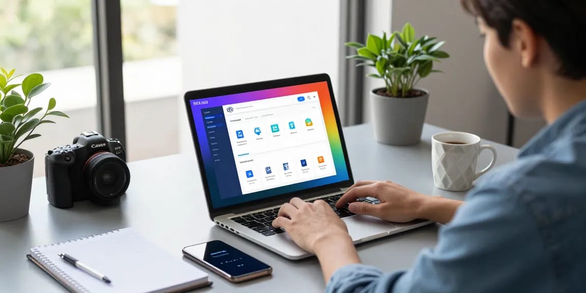 WPS Download process shown on laptop in a modern office workspace with tech-focused accessories.