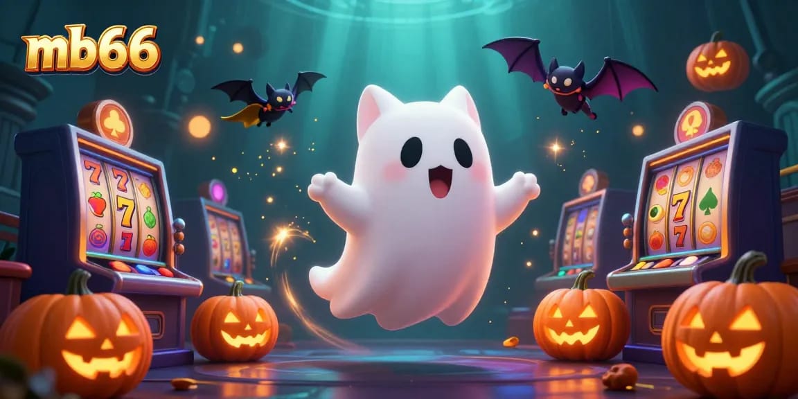 Bet on mb66 with a lively ghost cat and vampire bat in a haunted casino scene.