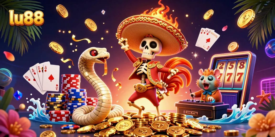 Experience the thrill of lu88 with an engaging victory scene featuring vibrant characters and casino elements.