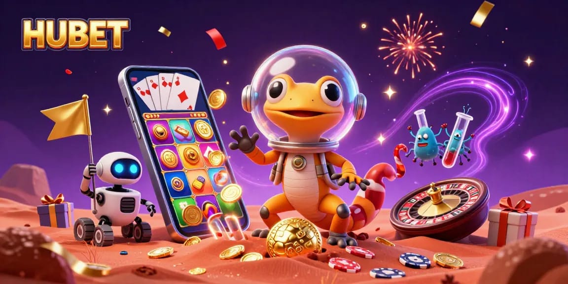 HUBET showcases a vibrant casino scene with a Martian gecko and alien beings celebrating a jackpot.