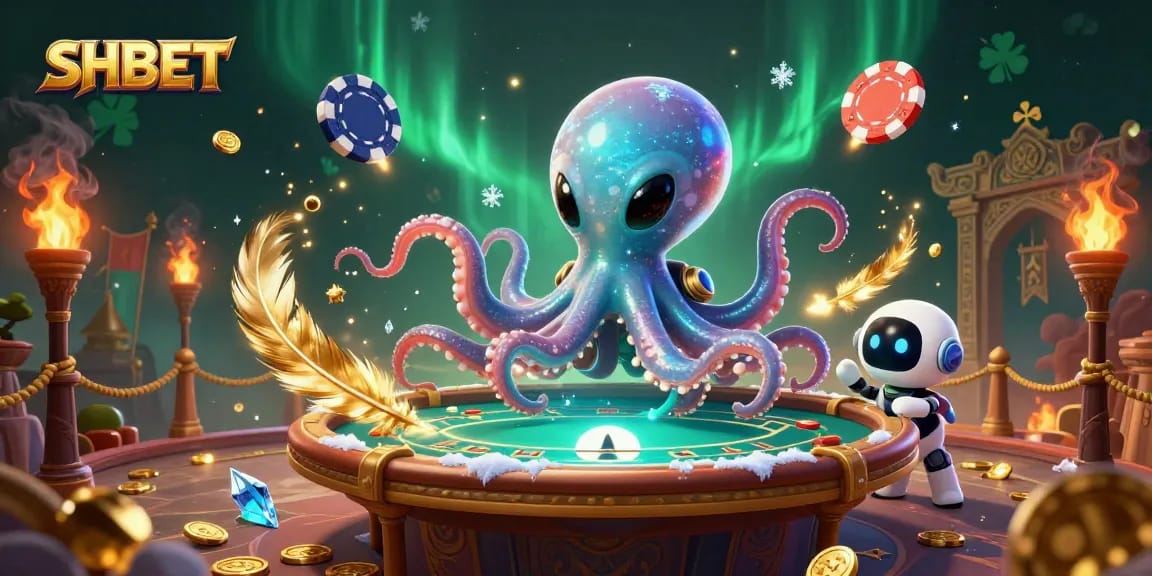 Engage with SHBET's vibrant casino universe featuring an alien octopus and robot friends in a dynamic gaming scene.