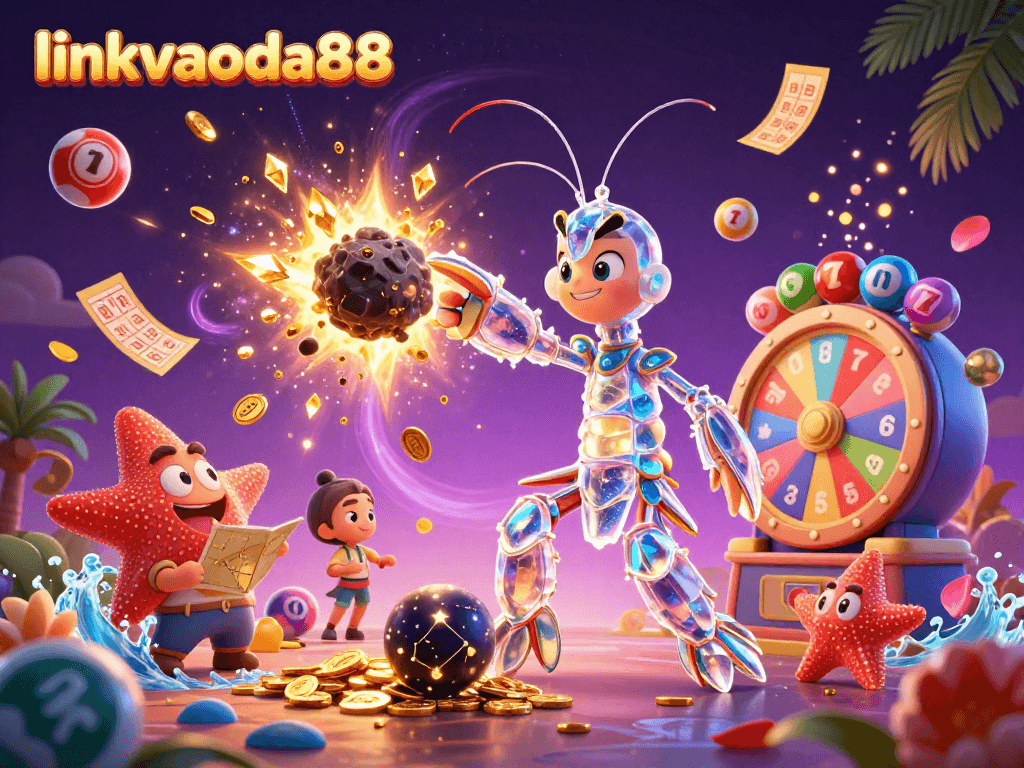Experience thrills at linkvaoda88 with samurai shrimp and colorful lottery elements in a vivid casino scene.