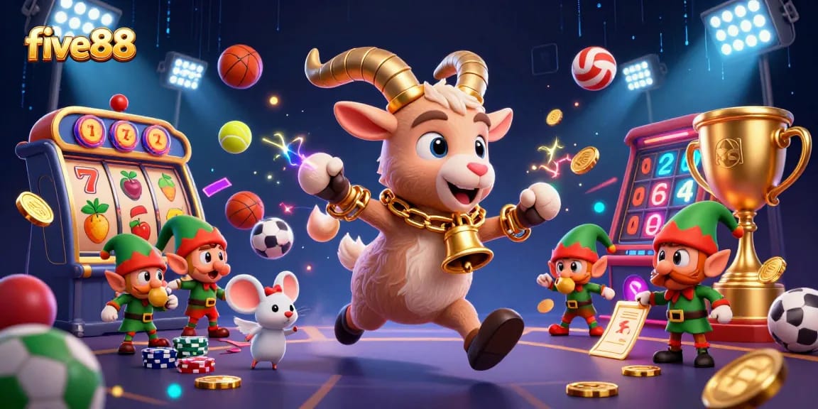 five88 showcases a chaotic casino scene with Krampus, an angel mouse, and elf gremlins amidst swirling slot reels.