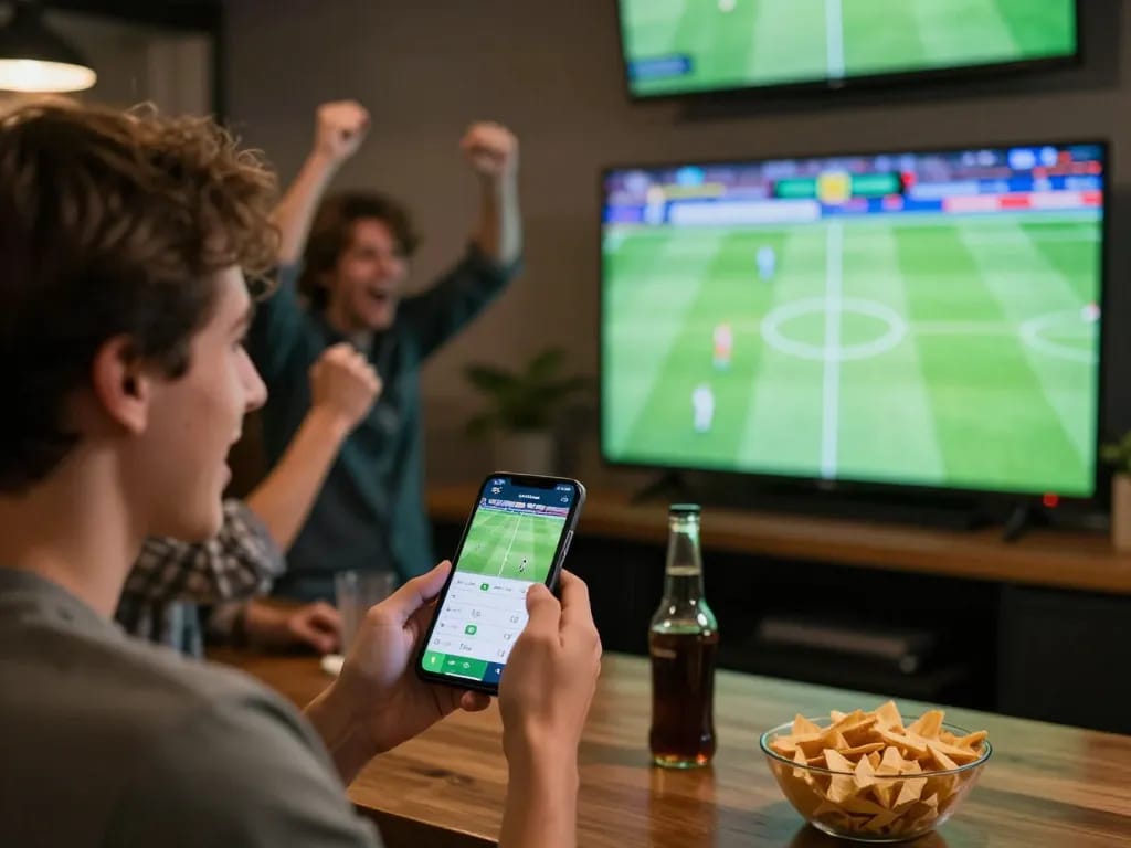 Engaging in sports betting on o8 bóng đá while enjoying a live soccer match with friends.