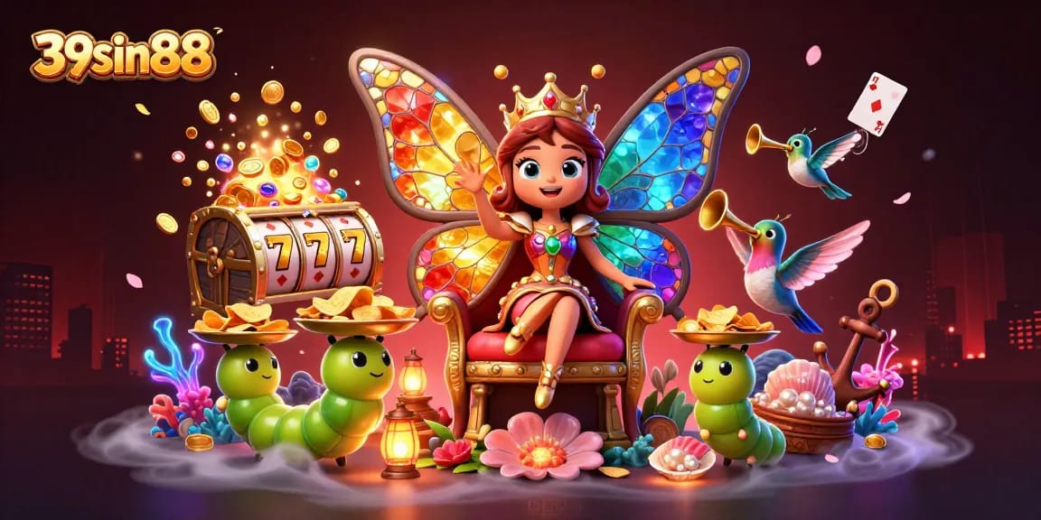 39sin88 showcases a vibrant butterfly queen in a lively casino scene with slot reels and sparkling gems.