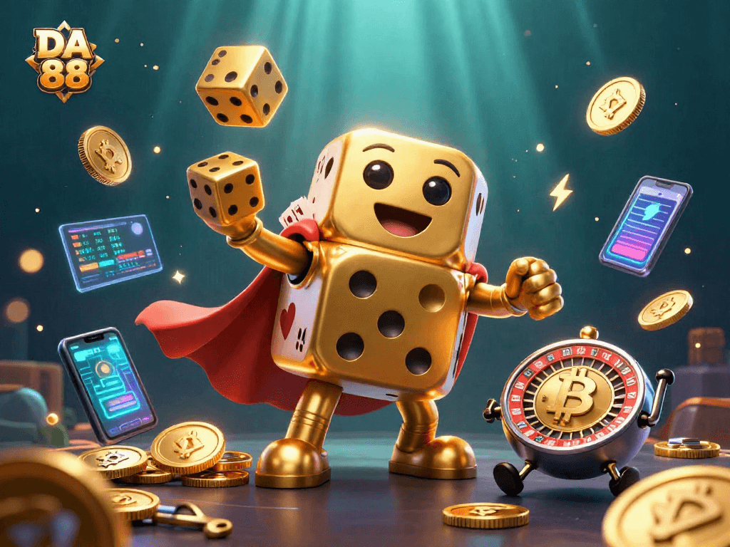 Join the excitement of DA 88 with animated golden dice and cryptocurrency elements in vibrant 3D art.