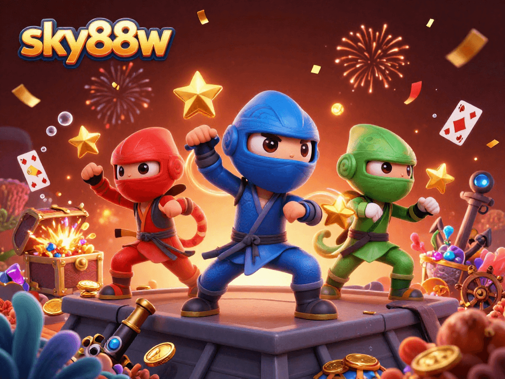 Synchronize cash winnings with sky88w in a vibrant 3D gambling scene featuring chameleons and game symbols.