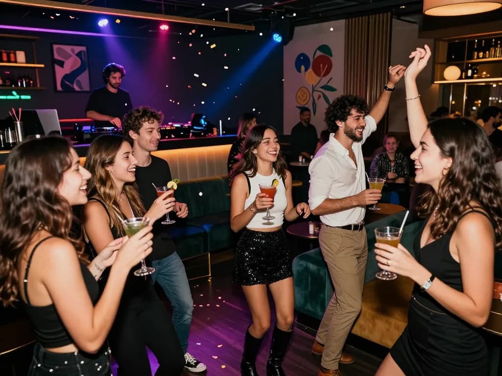 오피스타 추천 도심 라운지에서 활기찬 밤을 즐기는 파티 참석자들.