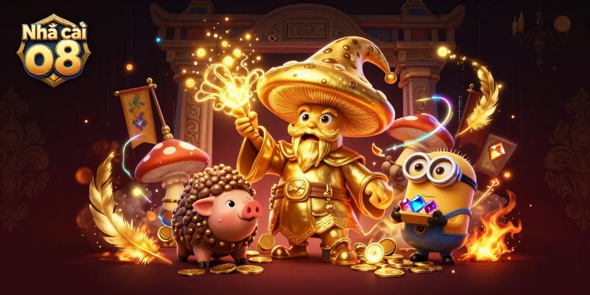 Visualize the excitement of Nhà cái o8 with golden magic, treasure, and dynamic game elements.