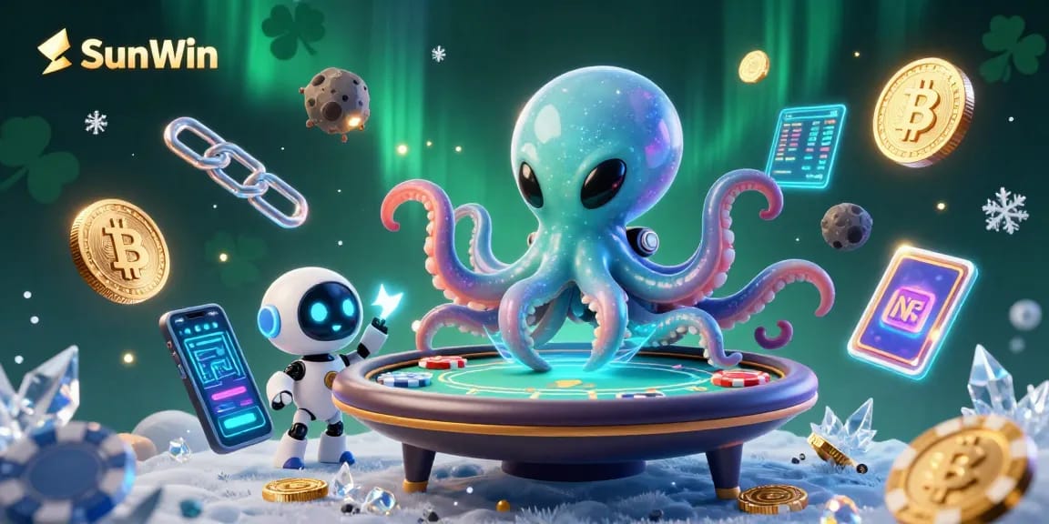 SunWin alien octopus deals cards in a galactic casino with cryptocurrency elements.