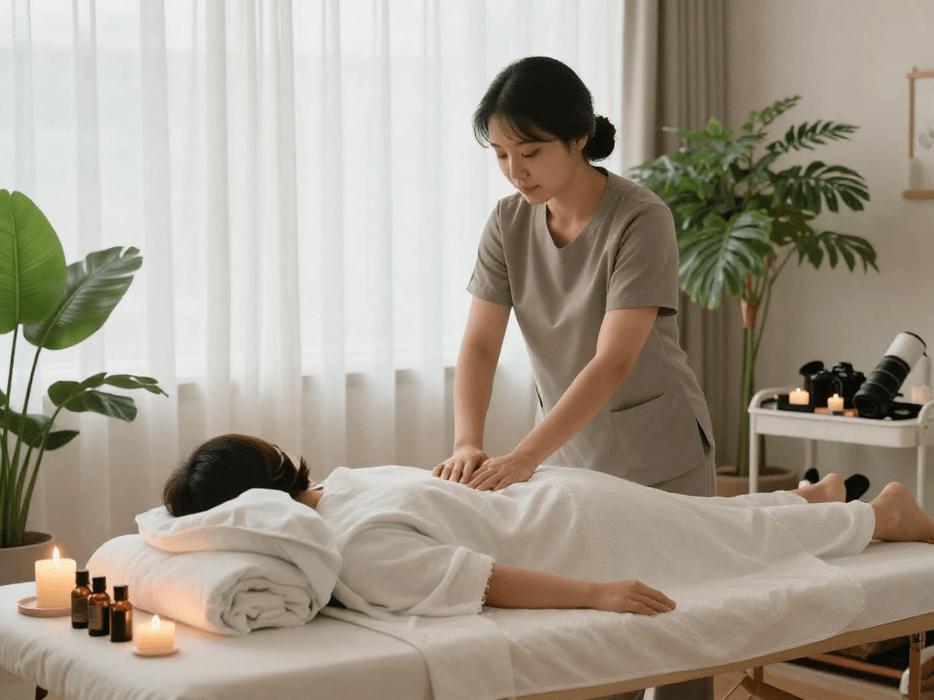Relaxing 성남출장안마 service in a tranquil home setting with a professional therapist and calming atmosphere.