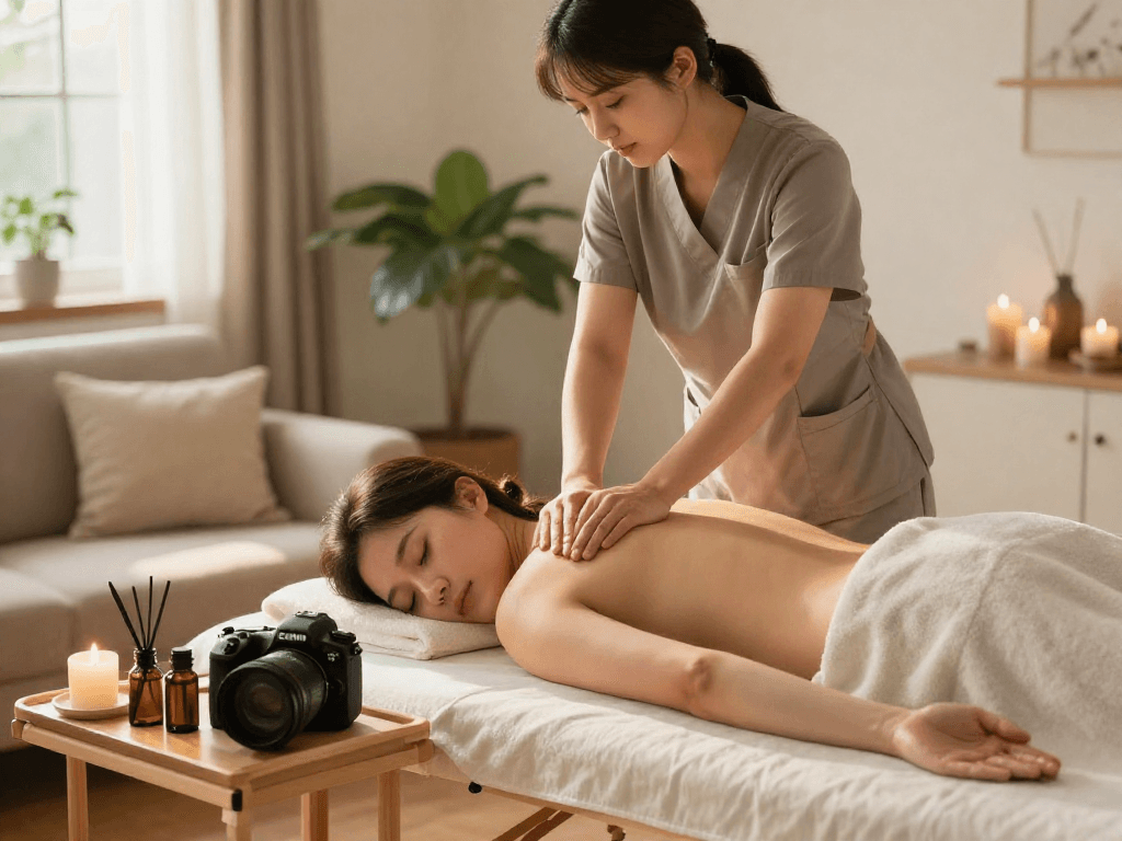 Experience a peaceful 강남출장마사지 at home with a professional therapist creating a soothing atmosphere.
