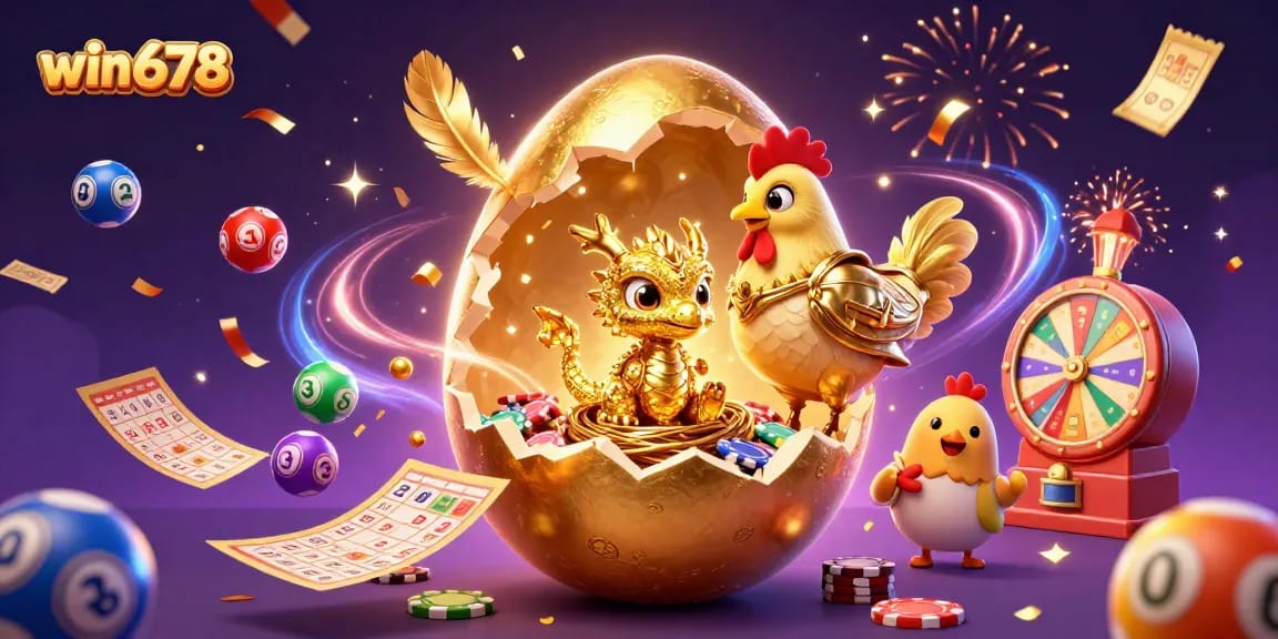 Win678 delivers a thrilling gaming experience with golden elements, colorful lottery balls, and energetic casino vibes.