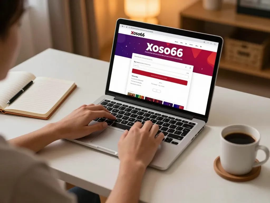 xoso66 đăng nhập at home while using a laptop for online casino gaming, creating a cozy atmosphere