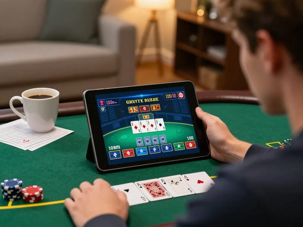 Engaging in blackjack online with 78WIN app on tablet at home, showcasing strategic gameplay.