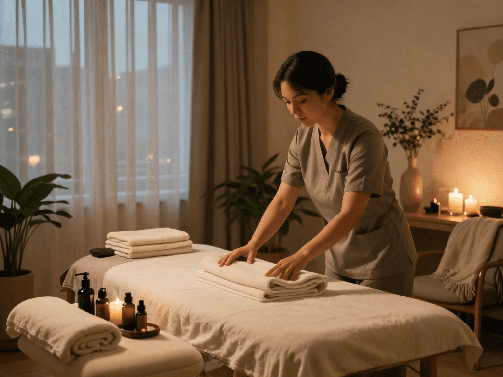 출장안마 service in a tranquil hotel room prepares for a soothing experience.