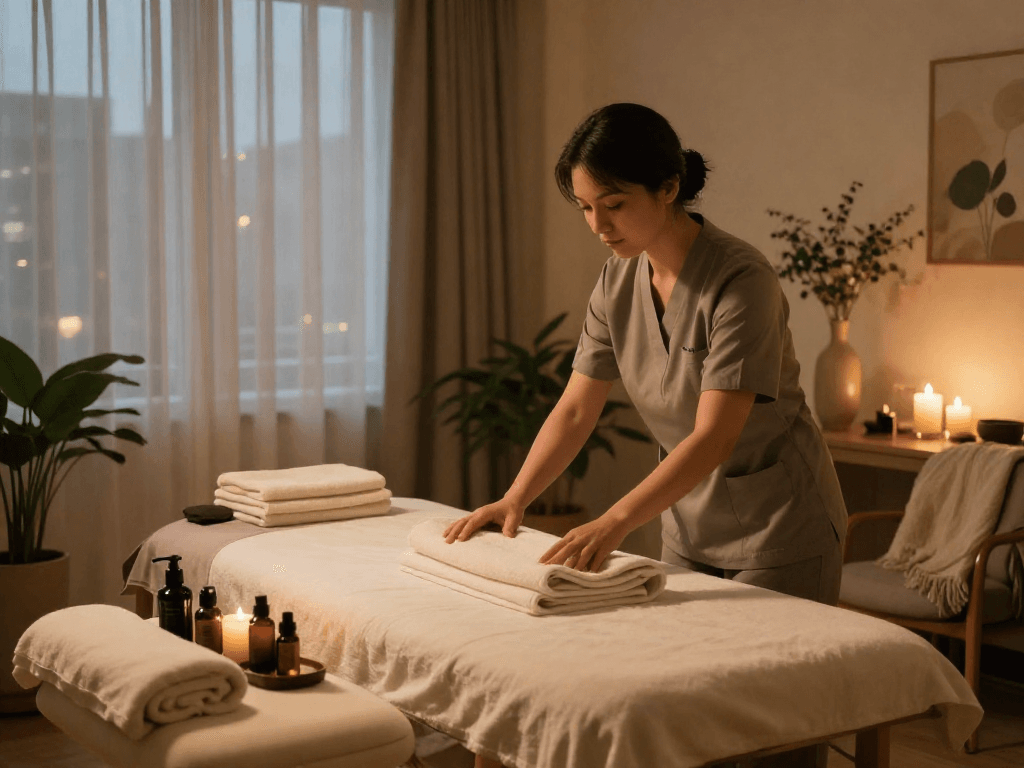 출장안마 service in a tranquil hotel room prepares for a soothing experience.
